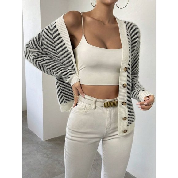 Contemporary Striped Pattern Button Front Drop Shoulder Cardigan - Picture 5 of 7